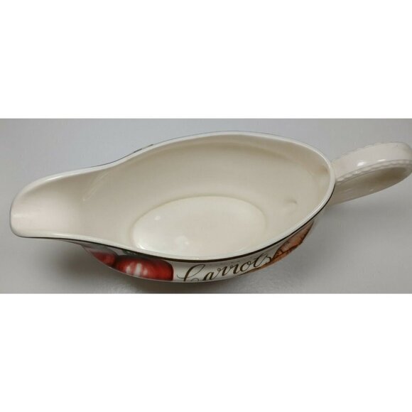 Vintage Red Pepper Mushrooms Carrots Tomatoes Gold Rim Ceramic Gravy Boat - Picture 3 of 10